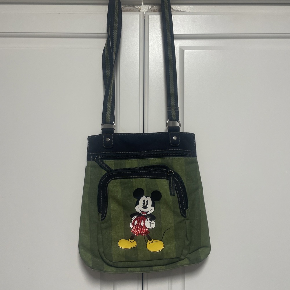 DISNEY Vintage Mickey Mouse Green Stripe Canvas Crossbody Bag - adjustable strap